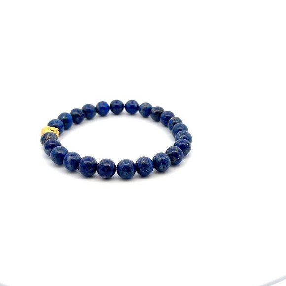 24K Gold Money Bag Stretchable Bracelet Gemstones Natural Lapis Lazuli 8mm S 7" - Picture 2 of 5